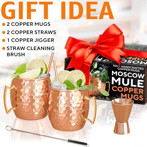 Benicci Moscow Mule copper mugs set of 2, 16 oz solid copper cups with handles, perfect for cocktails and serving drinks.