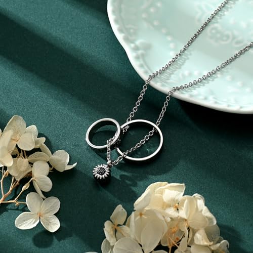 Daisy Cremation Jewelry Necklaces Stainless Steel Circle of Life Eternity Urn Necklaces for Ashes Memorial Keepsake Daisy Pendant for Women Men Gifts With Funnel Kit & Bag Black