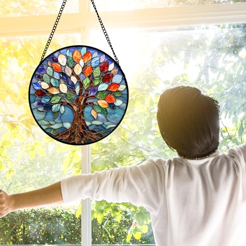 Colorful Tree of Life Stained Glass Window Hanging Suncatcher Gifts 6.3" Colorful 6.3x6.3 IN