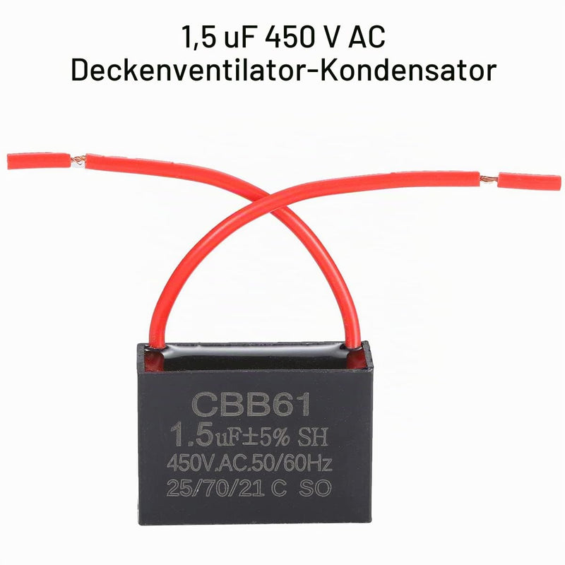 Greluma 2pcs 1.5uF 450V AC CBB61 Ceiling Fan Capacitor 50/60Hz Motor No Polarity 2-Wire 1.5uF-2