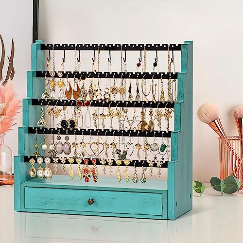 Pinzoveco Earring Organizer, 5 Layer Earring Holder Organizer with Necklace Holder Pole, Rustic Wood Jewelry Organizer Stand Display for Stud Earring Bracelet Necklace Ring, 175 Earring Holes Teal