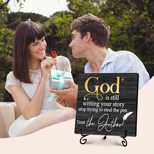 Black Christian Desk Decor, God is Still Writing Your Story Sign, Bible Verse Small Decor for Shelves, Inspirational Christian Gift for Woman Men, Religious Table Decorations-5''x5'' black gold