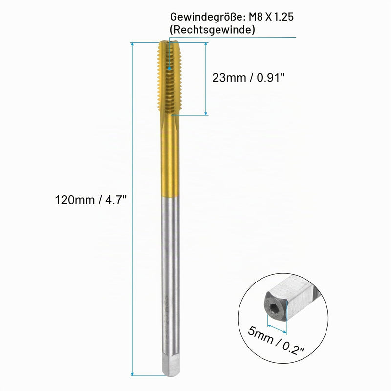 QUARKZMAN Metric Tap M8 x 1.25 H2 120mm Extra Long Titanium Coated High Speed Steel 6542 Straight Groove Thread Cutting Machine Thread Cutting Repair Tool M8 x 1.25 x 120mm