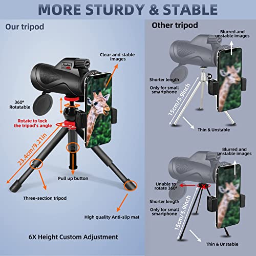 12x60 Monocular Telescope High Powered with Smartphone Adapter Tripod and Portable Bag, Larger Vision Monoculars for Adults with BAK4 Prism & FMC Lens, Suitable for Bird Watching Hiking Travel Black Monocular