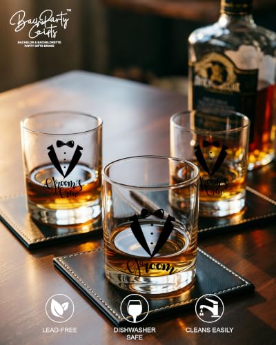 Set of 6 Engraved Whiskey Glasses for Groomsmen Gifts – 1 Groom + 5 Groom's Crew Rocks Glasses with Leather Coasters & Gift Boxes for Wedding, Bachelor Party Favors