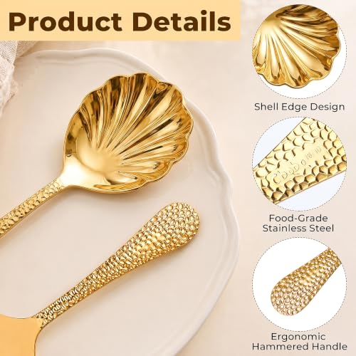 6Pcs Gold Serving Spoons,8.7In 304 Stainless Steel Large Serving Spoon with Hammered Long Handle,Scalloped Design Metal Spoons Serving Utensil for Party Buffet Banquet Cooking Dishwasher Safe
