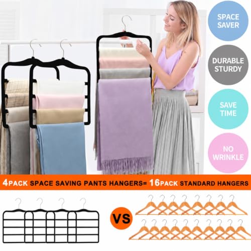 4 Pack Space Saving Velvet Pants Hangers, Dorm Room Essentials, Non-Slip Multi-Tier Closet Organizer for Jeans & Slacks, Maximize Wardrobe Storage with Multi-Purpose Rack for Shorts, Scarves & Ties Black 4 Pack