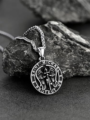 FaithHeart Saint Michael Necklace, Stainless Steel Archangel St Michael Shield/Coin/Dog Tag Pendant Necklaces for Men, Catholic Prayer Jewellery - With Gift Box Coin-Steel