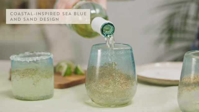 Segunda Vida Playa Bonita Hand-Blown Tumblers, Recycled Drinking Glasses, Coastal Inspired Sea Blue and Sand Design, Mexican Glassware, Decorative Drinkware for Home Bars, 10 oz, Set of 2 Modern