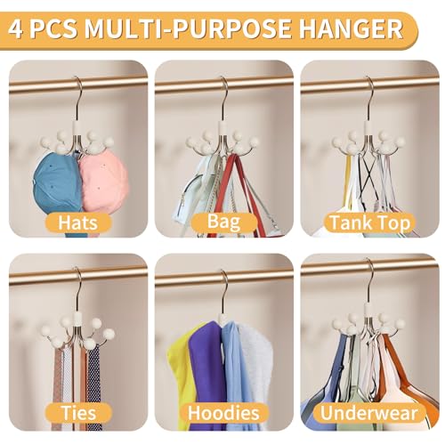 4 Pack Hoodie Hanger for Organizer 360° Swivel Closet Hooks for Belt, Space-Saving Hanger Bra Storage, Accessorise Organizer for Tie, Hat, Tanktop, Scarf, Purse Cream 4 PCS