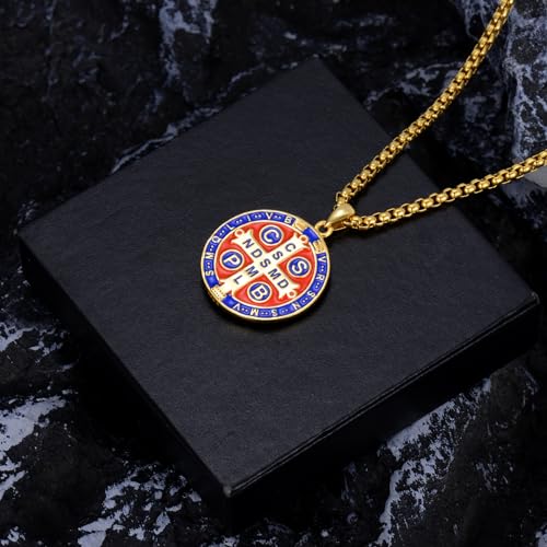 925 Sterling Silver St Michael/St Christopher Oval Round Medal Archangel Cross Necklace with 22”+2” Chain E02-Saint Benedict (Gold)