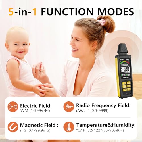 EMF Meter, MESTEK 5 in 1 EMF Radiation Detector EF/MF/Radio Frequency Field Electromagnetic, Rechargeable House EMF Detection Yellow EMF Gauge