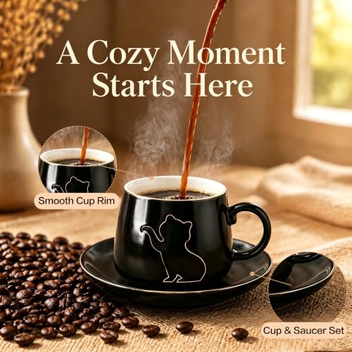 6 oz Ceramic Espresso Cups Set of 2 with Saucers Black Cat Coffee Cup Set with Gold Rim and Gift Box for Espresso Cappuccino and Coffee