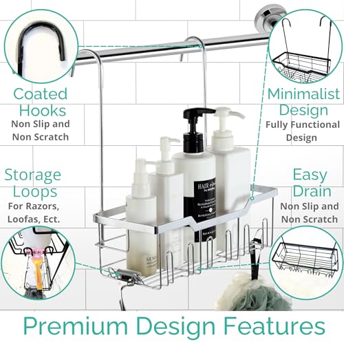 Small Shower Caddy Hanging - Shower Door Caddy Hanging with Rotatable Hooks and Adhesive Mount - Perfect for Bathroom Toiletries - Spacious & Convenient Bathroom Storage Solution 304 Stainless Steel Single Tier - Silver