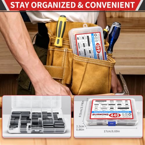 BURMONG 440-piece roll pin assortment kit with slotted steel spring pins in multiple sizes for automotive repair