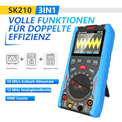 IN210 Digital Oscilloscope Multimeter - 12MHz, 50Msps, 6000Counts, True RMS Signal Generator, 2.4" Display, for Electronics Repair, Laboratory, DIY and Training