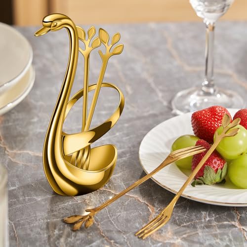 AnSaw Gold Swan Base Holder Set with 10-pcs Mini Leaf Dessert Forks-4.7"