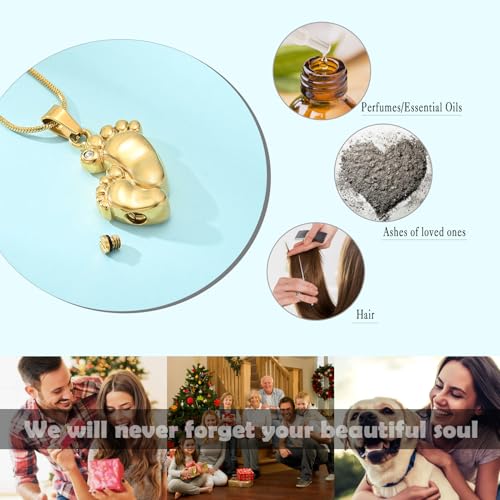 Footprint Urn Necklace for Ashes Cremation Jewelry for Women Men Stainless Steel Baby Foot Memorial Necklaces Keepsake Jewelry for Human Pet Ash Holder with Filler Tool Gold