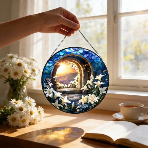 Jesus Christ Suncatcher 7.8″ Stained Glass Window Hanging Christian Ornament Religious Sun Catcher Wall Home Living Room Decor Christmas Birthday Gifts for Women Men Mom Coworkers D