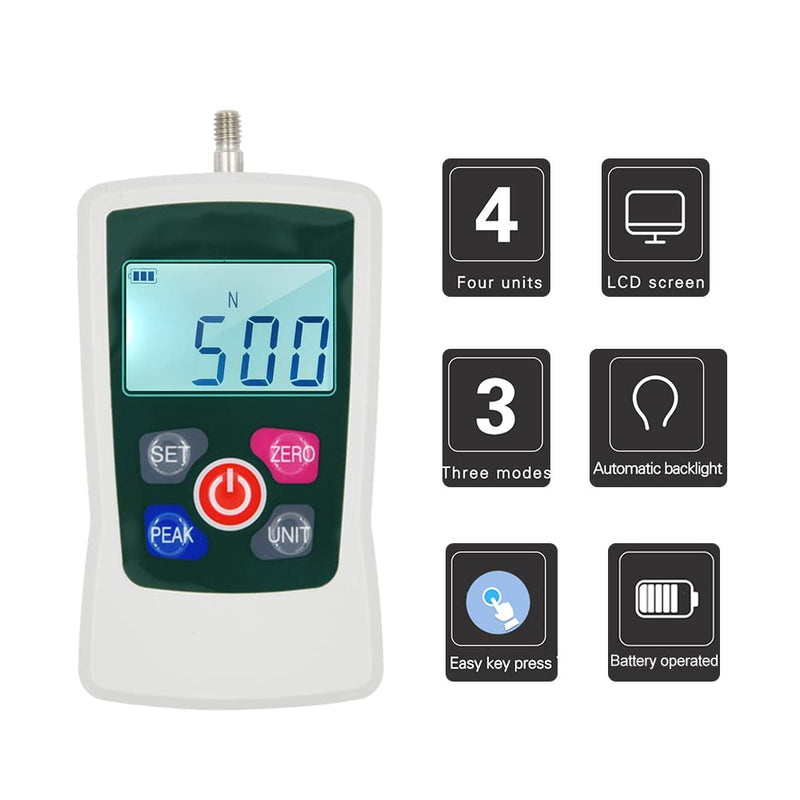 Digital Force Meter 500N/50kg/110lb/1760oz Portable Push Pull Force Meter Switchable Backlit Mini Dynamometer with 6 Light Heads Storage Case Automatic