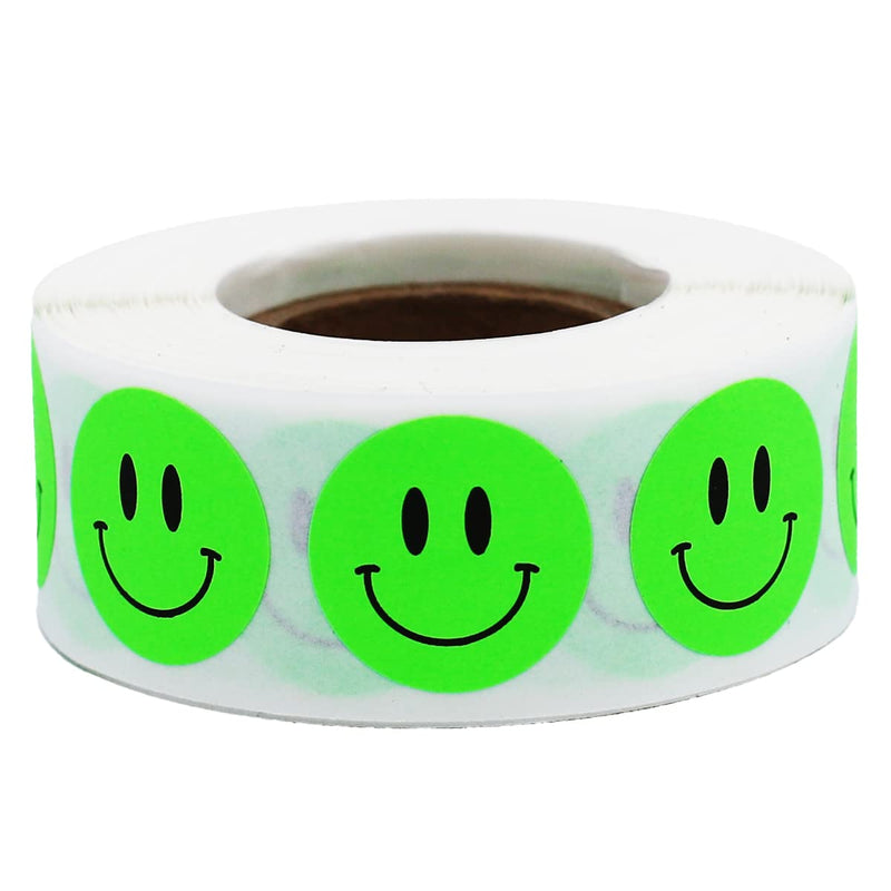 Happy Face Stickers - Fluorescent Green Happy Face Labels, 0.75 Inch Round Dots, 500 Total Adhesive Stickers for Rewards and Decorations - Made in the USA