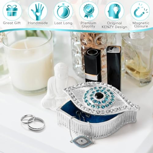 Evil Eye Jewelry Box - Handmade Gold Keepsake Box with Magnetic Closure & Crystals - Decorative Storage for Bracelets, Necklaces, Boho Home Decor Silver box - New