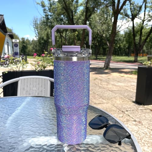30oz Bling Rhinestone Studded Tumbler with Top Handle and Leakproof Lid Vacuum Insulated Stainless Steel Glitter Crystal Water Bottle with Flip Straw Reusable Cup Outdoors Travel Mugs (Violet) Violet