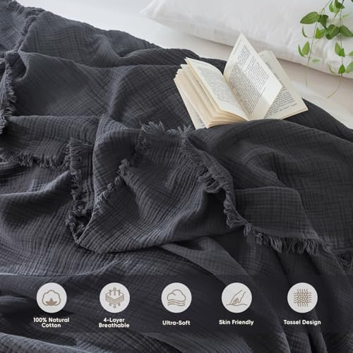 MooMee 100% Cotton Muslin Blanket, Fringed 4-Layer Gauze Bed Couch Throw Dark Grey