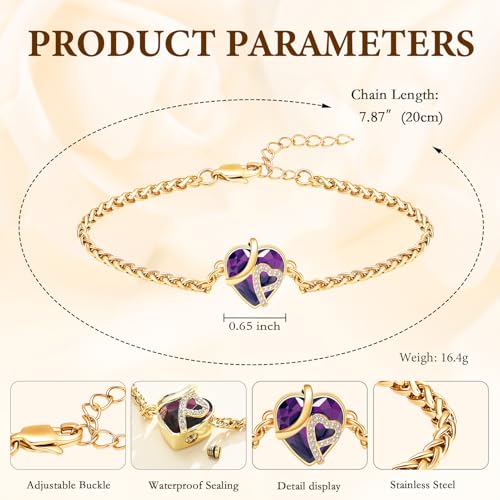 Cremation Jewelry Heart Urn Bracelet for Human Ashes for Women Men Memorial Keepsake Link Bracelet Gold-Purple