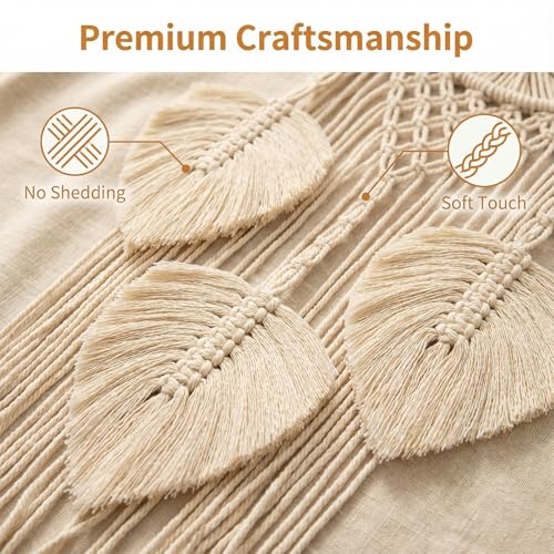 White Macrame Dreamcatcher Wall Hanging, 37” Long Vertical Boho Decor with Feathers & Tree of Life, Handmade Cotton Weaving for Bedroom, Meditation Space, Yoga Studio - Calming Spiritual Gift