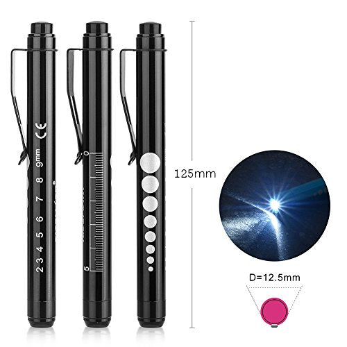 Diagnostic Light Pupil Light, RISEMART Pack of 2 Reusable LED Pen Lamp with Pocket Clip as Nurses Doctors Students Pen Light with 4 Batteries (Black and Silver) Black and silver