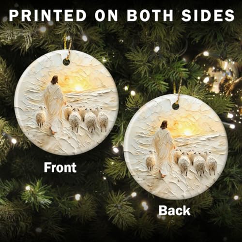 Jesus Leads Lost Lambs Ornament 2025 - Christianity Good Shepherd - Christian Christmas Ornament for Tree - Religious Gifts for Women & Men - Christian Religious Ceramic Ornament