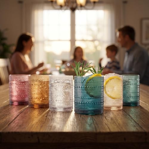 Khen Plastic Hobnail Drinking Glasses Set of 6 Neutral Tones Cups 10oz, Shatterproof & Unbreakable Acrylic Beaded Design, BPA-Free, Dishwasher Safe Indoor/Outdoor Drinkware for Water, Juice, Cocktails Muted Color