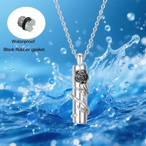 Rose Flower Urn Necklace for Ashes Stainless Steel Cylinder Ash Holder Pendant Cremation Jewelry for Ashes Black