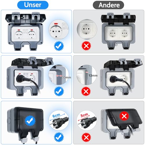 Outdoor Socket Waterproof 2-Way Outdoor Socket IP66 with Switch Indicator Light, Outdoor Socket Wall Socket Garden Socket with Lockable Hinged Lid for Garden Outdoor Wet Rooms 2-way external socket