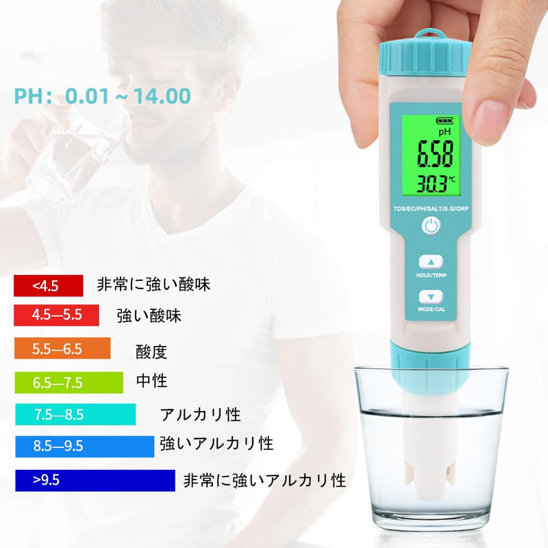 [Australia - AusPower] - 7 in 1 PH Meter Gomass 0.01 High Accuracy ph Tester Digital for Water TDS/EC/Salinity/Temp/ORP/S. G/PH Pen Tester Drinking Water, Hydroponics, Plants, Aquarium and Pool Light blue 