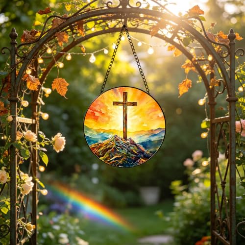 Cross Stained Glass Window Hanging, 7.87in Suncatcher Cross