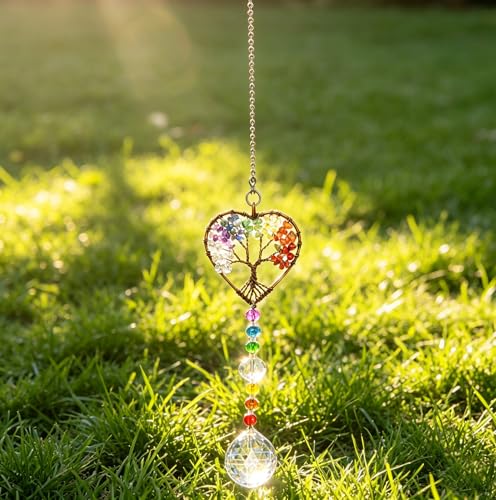 Window Hanging Suncatcher with Crystal, Tree of Life Suncatcher Garden Hanging Rainbow Maker Ornament (Tree of Life-Heart) Tree of Life-heart