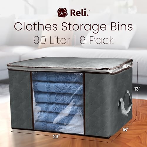 Reli 90L clothes storage bags in a 6-pack, foldable under-bed bins with lids and handles for organized wardrobe storage.