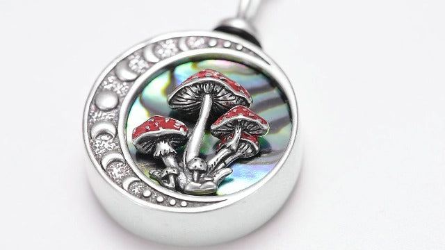 Moon Mushroom Urn Locket Necklace for Ashes Cremation Jewelry,Sterling Silver Magical Red Mushroom Pendant Moon Phase Ashes Keepsake Urns Necklaces with w/Funnel Filler for Women