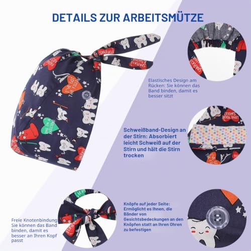 Pack of 3 Adjustable Surgical Cap with Button Work Cap Cotton Print Sick Nurses Cap Unisex Dust Caps (Cartoon Teeth Style) cartoon teeth style