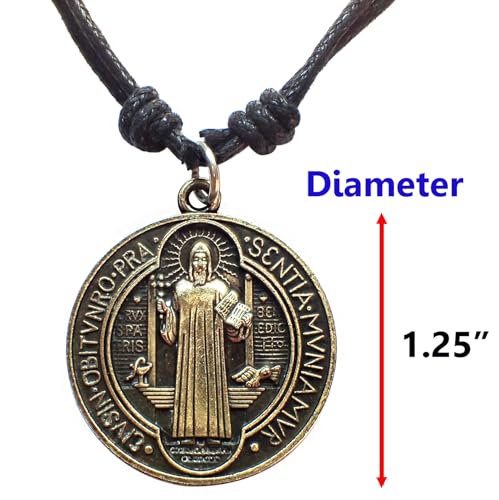 Antique Bronze Saint Benedict of Nursia Medal Pendant Necklace