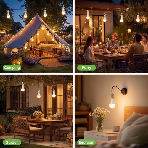 Kimjo 7W E27 Rechargeable Bulb with Battery, 3 Colors, Pack of 2 | Rechargeable Light Bulb with Remote Control, Camping Lamp, Battery Lamp with Hook, USB, Dimmable, Button Control, Outdoor Emergency Light