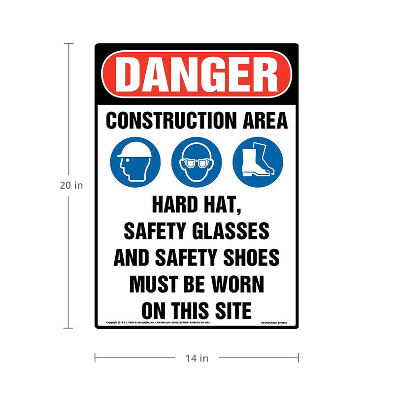 Danger: Construction Area, PPE Must Be Worn Sign, 10" x 14" Plastic with Rounded Corners for Indoor Use, OSHA Compliant, J. J. Keller & Associates, Inc. 10" x 14"