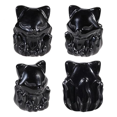 mookaitedecor 2 Pcs Carved Black Obsidian Crystal Nine Tailed Fox Figurine