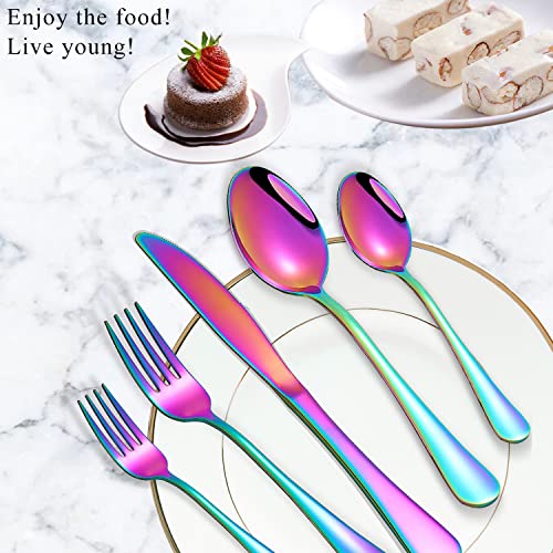 Rainbow Spoons and Forks Set, Set of 16 Top Food Grade Stainless Steel Forks and Spoons Silverware Set, Kitchen Accessories Forks (8 Inch) and Spoons (6.69 Inch) Cutlery Set, Mirror Finish Rainbow
