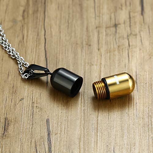 Rockyu Cross Capsule Necklace for Men Gold Black Engraved Cross Stainless Steel Memorial Keepsake Pendant 20 Inch Chain