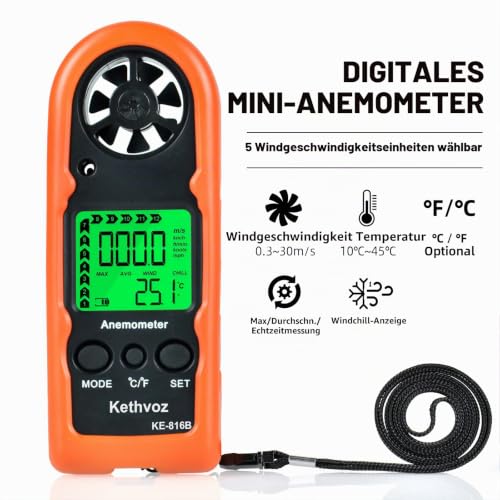 Kethvoz 816B Mini Hand Wind Gauge | 0.3~30m/s, Bft Scale & Temperature, Windchill, Wind Gauge for Windsurfing, Kite, Sailing, Drones, Outdoor, Flagpole Anemometer 816B (1 pack
