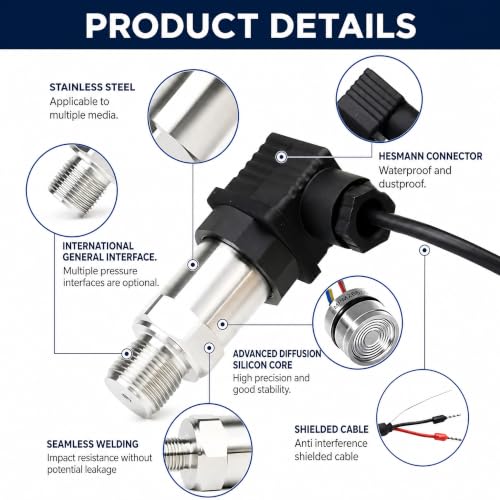 Stainless Steel Pressure Transducer, Pressure Sensor Silicon Pressure Transmitter Sensor Water Flow Sensor 4-20mA Output G1/4 Inch for Water Gas Oil (0-1 MPA)