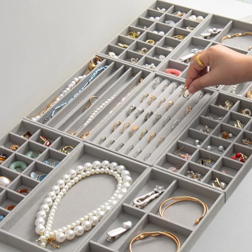 SPAKOWN Jewelry Drawer Organizer Inserts Trays for Drawers Set of 9, Grey